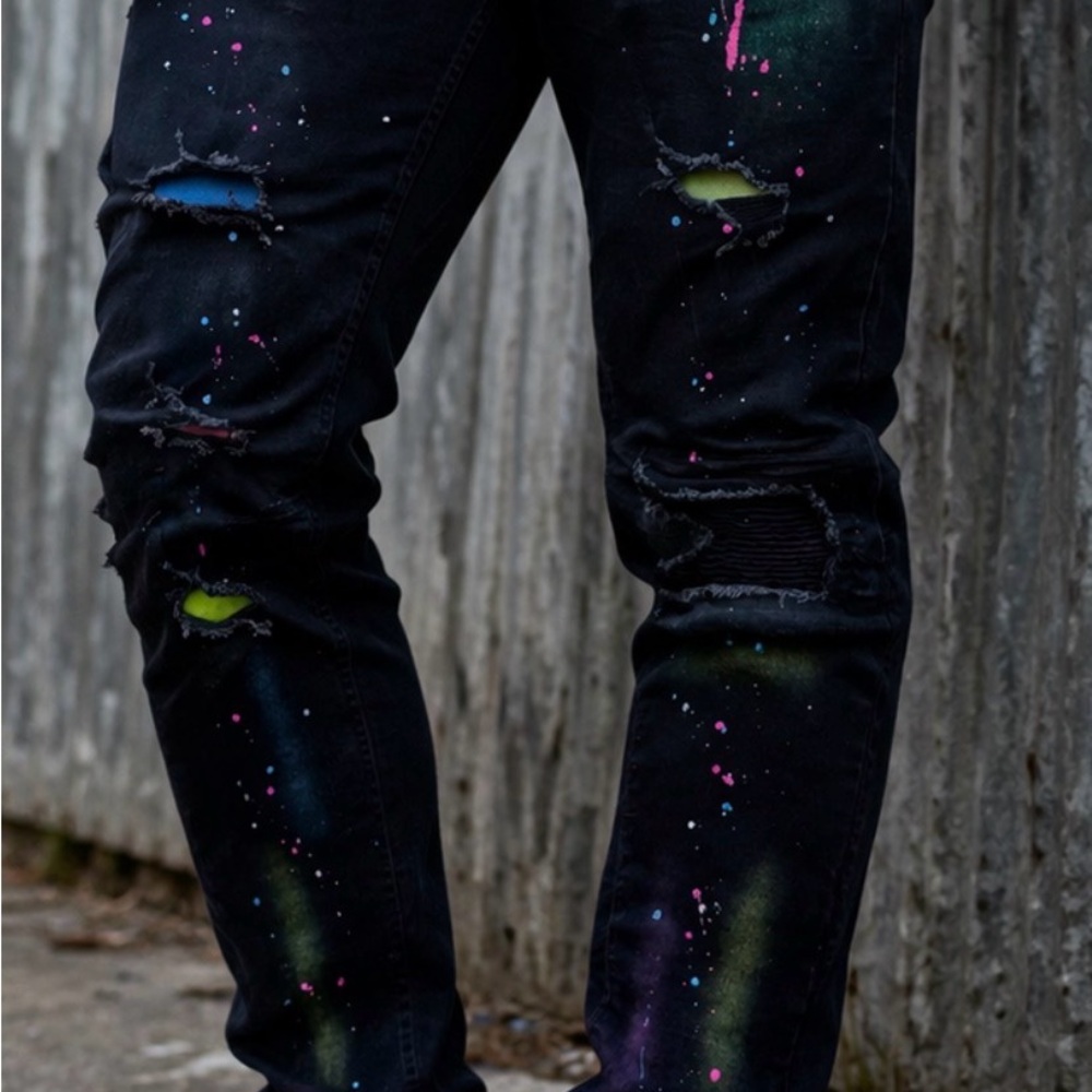Kloud 9 Distressed Paint Splatter Jeans Black Skinny Streetwear 32x32